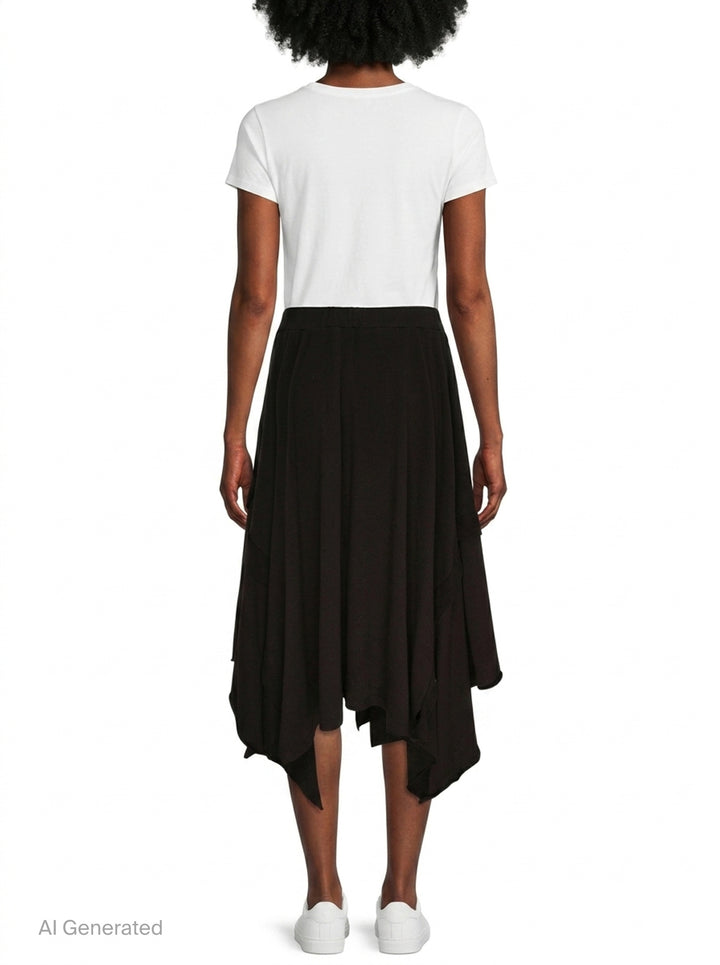 Yohji Yamamoto black draped midi skirt with asymmetric handkerchief hem and multiple pointed fabric panels, shown on white background - back