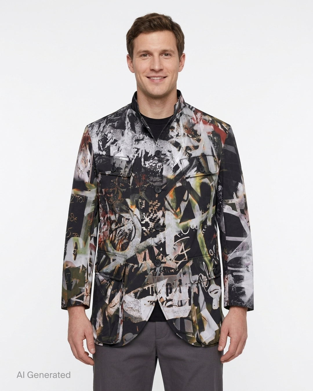 Yohji Yamamoto Graffiti Khaki Jacket with all-over abstract graffiti print, stand collar, button front and four flap pockets - front