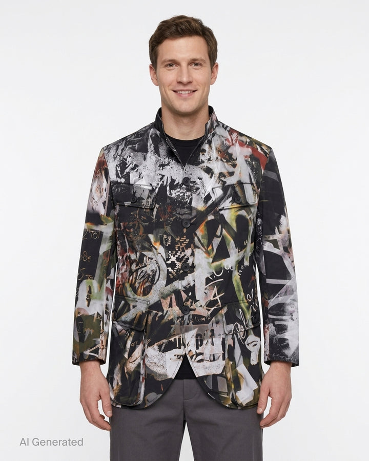Yohji Yamamoto Graffiti Khaki Jacket with all-over abstract graffiti print, stand collar, button front and four flap pockets - front