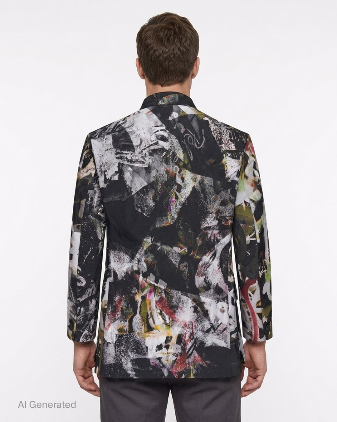Yohji Yamamoto Graffiti Khaki Jacket with all-over abstract graffiti print, stand collar, button front and four flap pockets - back