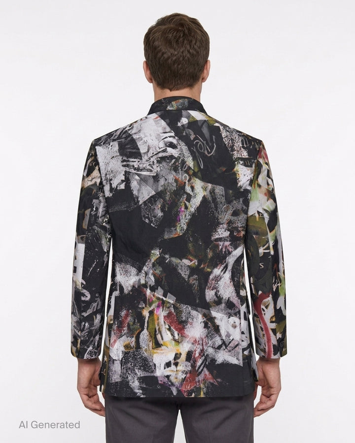 Yohji Yamamoto Graffiti Khaki Jacket with all-over abstract graffiti print, stand collar, button front and four flap pockets - back