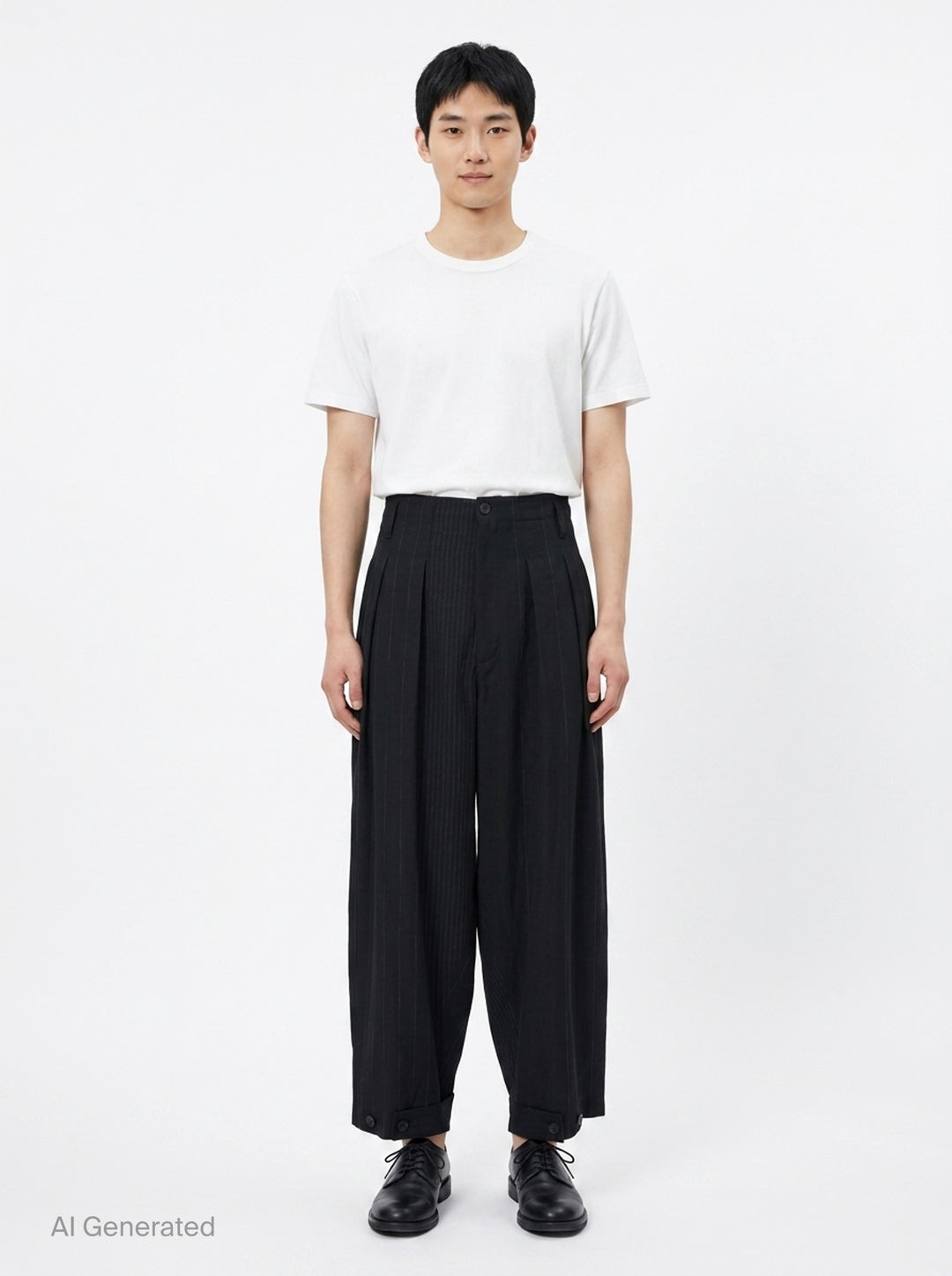 Yohji Yamamoto Hem Tab Wide Tuck Pants in black pinstripe, featuring a high-rise waistband, deep forward pleats, voluminous wide-leg silhouette, and buttoned cuff tab detailing at the hem - front