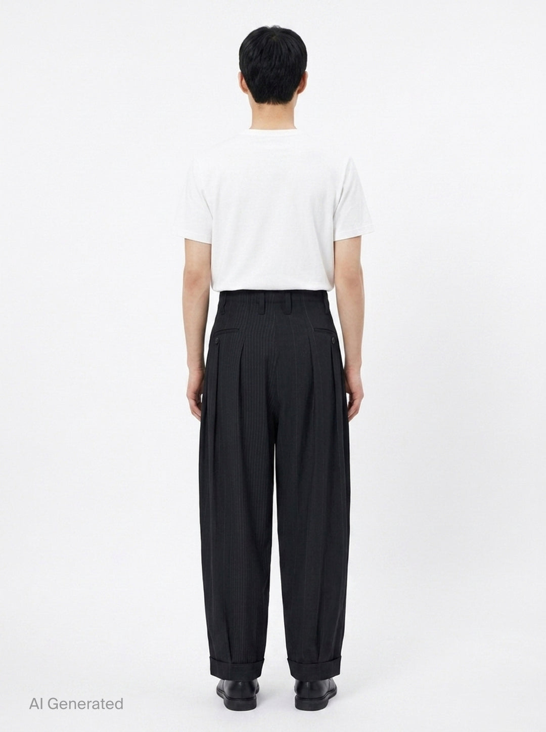 Yohji Yamamoto Hem Tab Wide Tuck Pants in black pinstripe, featuring a high-rise waistband, deep forward pleats, voluminous wide-leg silhouette, and buttoned cuff tab detailing at the hem - back