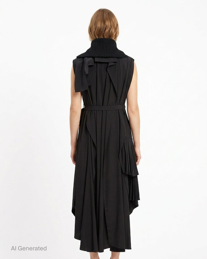 Yohji Yamamoto Knit Combi Kimono Coat featuring a sleeveless ribbed knit zip bodice with a draped asymmetric hem - back