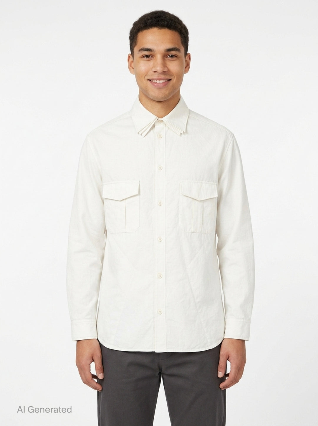 Yohji Yamamoto Padded Triple Collar Blouse in off-white, featuring layered fanned collar leaves, tonal button-front placket, and dual angular chest pocket flaps - front