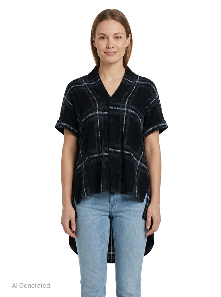 Short Sleeve Plaid Blouse | Yohji Yamamoto | Club21 - front