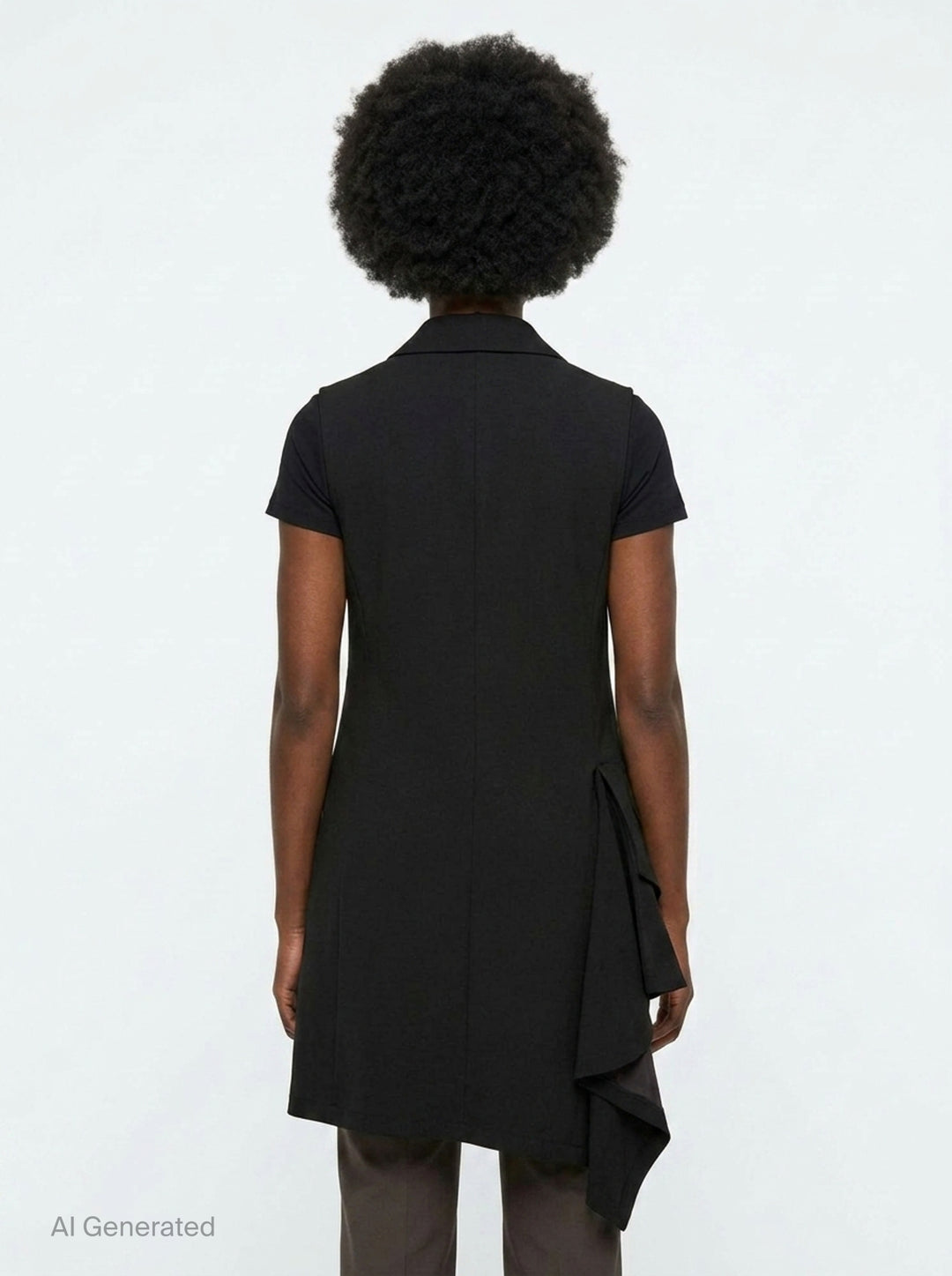 Yohji Yamamoto sleeveless long jacket in black with notched lapels, four-button front closure, flap hip pockets, and an asymmetric draped hem with dark lining, displayed on a white background - back