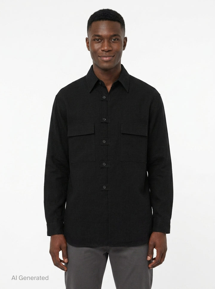 Yohji Yamamoto Spare Collar Long Sleeve Shirt in black, oversized fit with dual buttoned chest pockets and tonal button-through placket, front view on white background - front