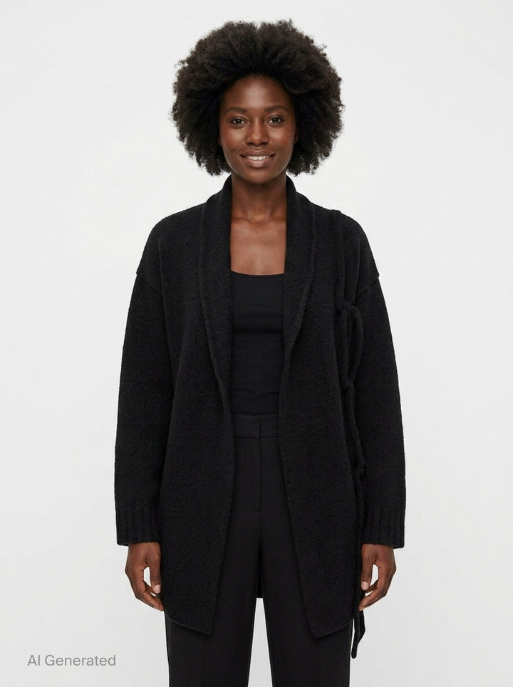 Yohji Yamamoto String Detail Cardigan in black — oversized open-front knit with tie-string hem detail and ribbed cuffs, displayed on a mannequin - front