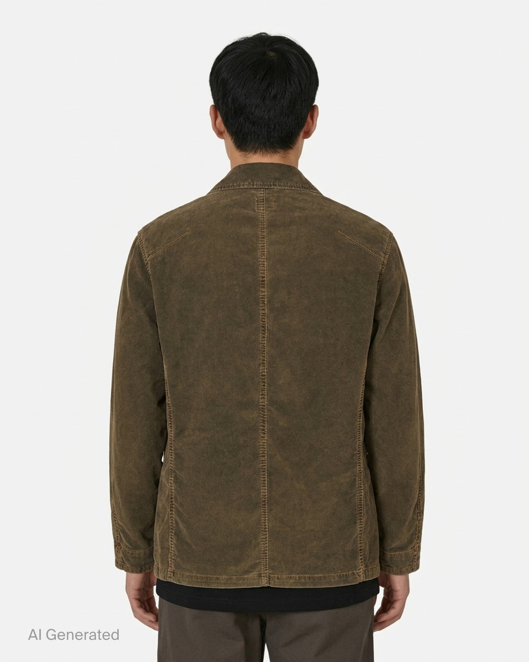 Yoke corduroy coverall jacket in washed olive-brown with four buttons, patch pockets and contrast orange stitching - back