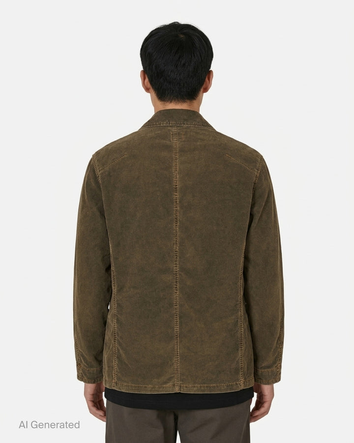 Yoke corduroy coverall jacket in washed olive-brown with four buttons, patch pockets and contrast orange stitching - back