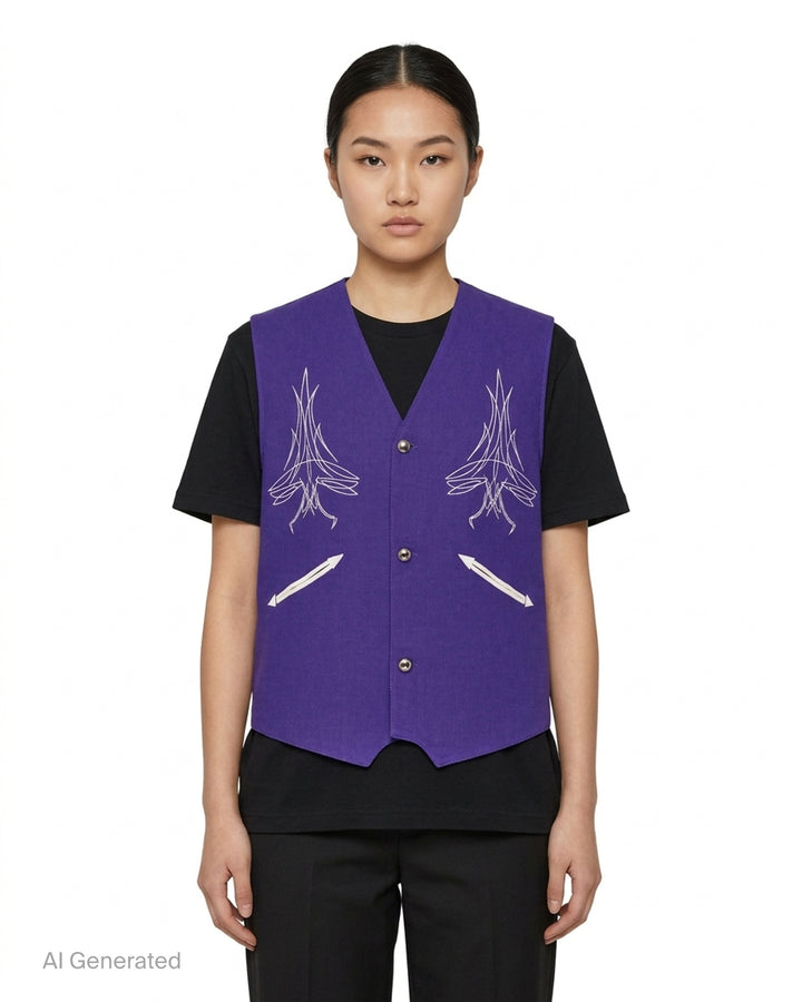 Youths in Balaclava purple canvas vest with cream pinstripe embroidery on the chest, arrow-shaped pockets and three metal buttons - front