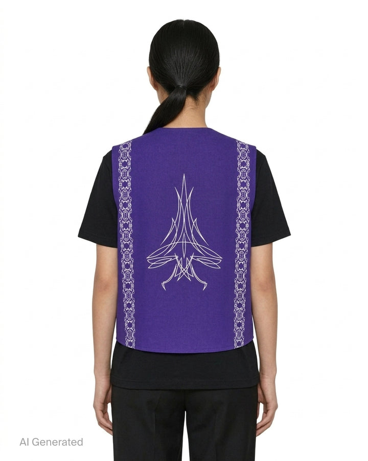 Youths in Balaclava purple canvas vest with cream pinstripe embroidery on the chest, arrow-shaped pockets and three metal buttons - back