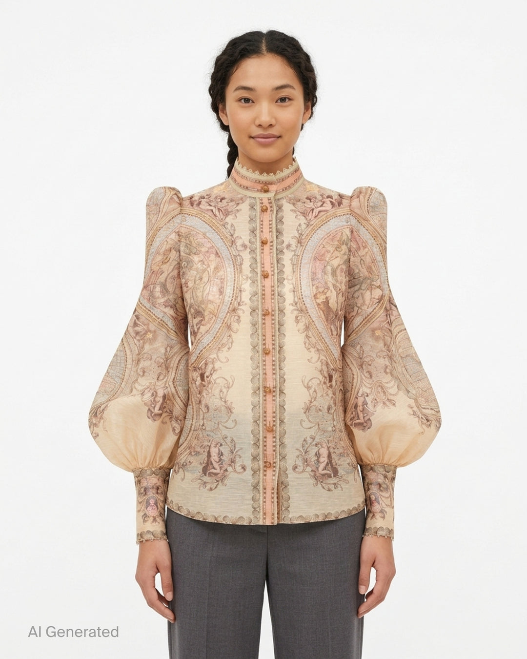 Zimmermann Ascent Body Blouse with antique map and cherub print, puff shoulders, balloon sleeves, stand collar and gold buttons - front