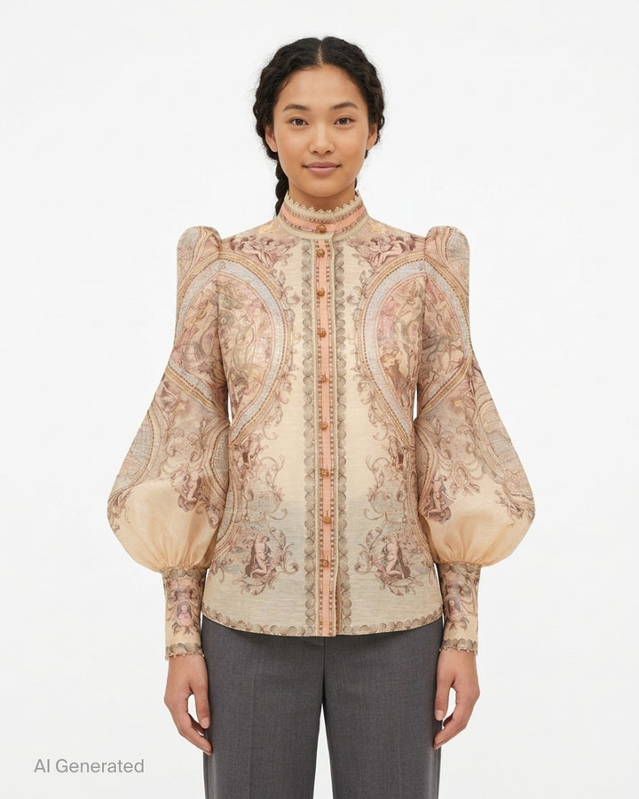 Zimmermann Ascent Body Blouse with antique map and cherub print, puff shoulders, balloon sleeves, stand collar and gold buttons - front