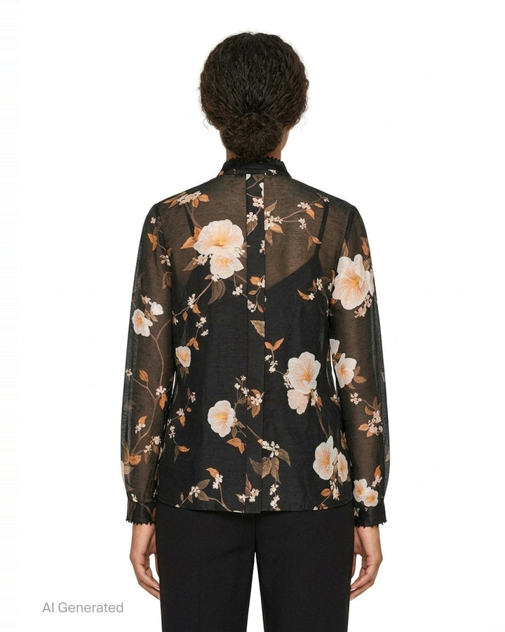 Zimmermann Ascent Embellished Body Shirt in sheer black floral print with ruffled bead-embellished collar, satin ribbon tie, and pom-pom trimmed cuffs - back