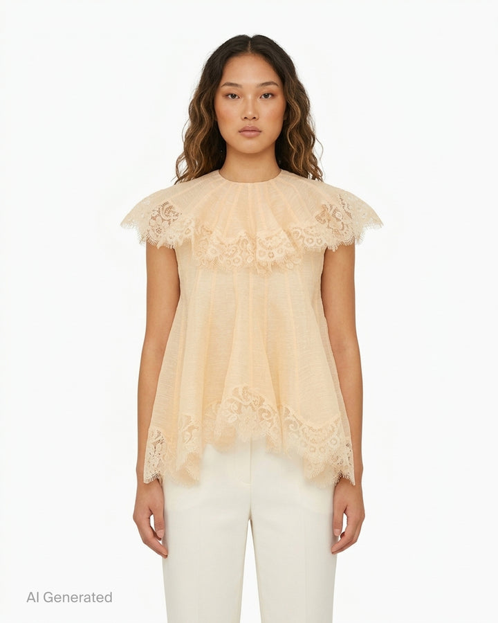 Zimmermann Ascent Flutter Top in pale apricot with a pleated ruffle collar, scalloped lace trim and a flared handkerchief hem - front
