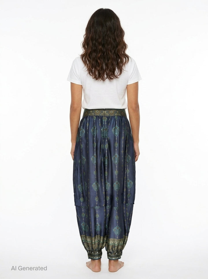 Zimmermann Ascent Harem Pants in navy with teal and gold paisley print, featuring a gathered silhouette, ornate woven waistband, and elasticated ankle cuffs with decorative border trim - back