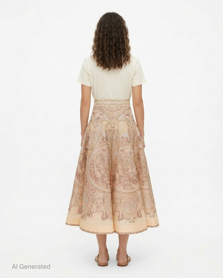 Zimmermann Ascent Panelled Midi Skirt in a peach and blush celestial map print with cherubs, baroque scrollwork and a scalloped hem - back