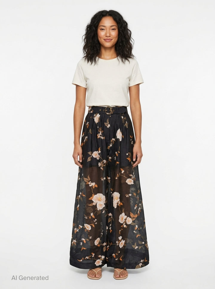 Zimmermann Ascent Pleat Pants in black with an all-over white floral and botanical branch print, featuring a wide-leg silhouette, front pleats, and a matching self-belt with gold circular buckle hardware - front
