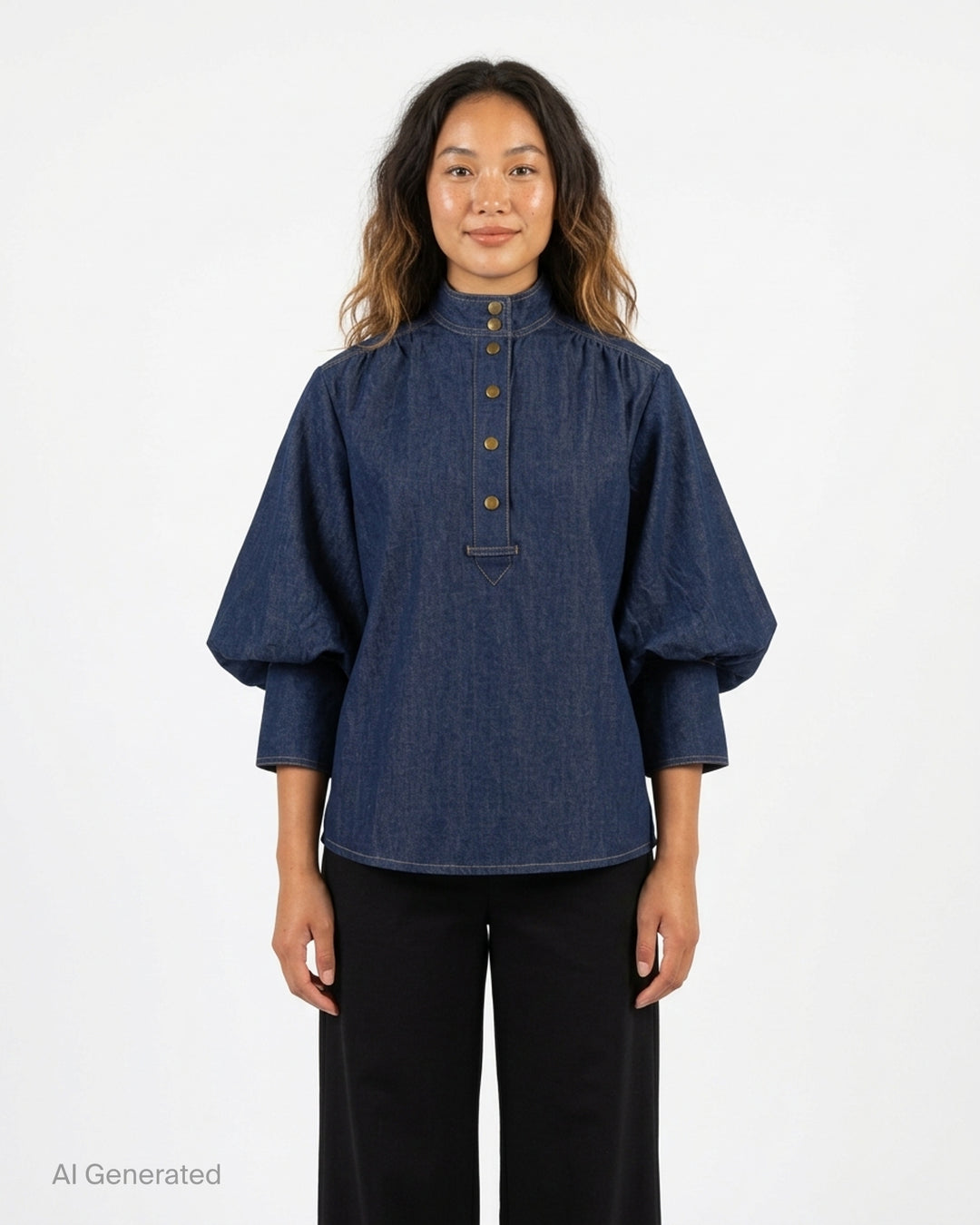 Zimmermann Denim Billow Shirt in dark indigo with stand collar, gold-tone buttons, contrast topstitching and balloon sleeves - front