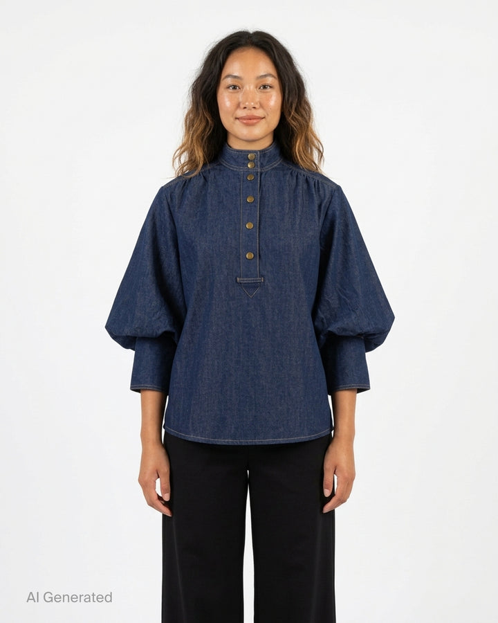 Zimmermann Denim Billow Shirt in dark indigo with stand collar, gold-tone buttons, contrast topstitching and balloon sleeves - front