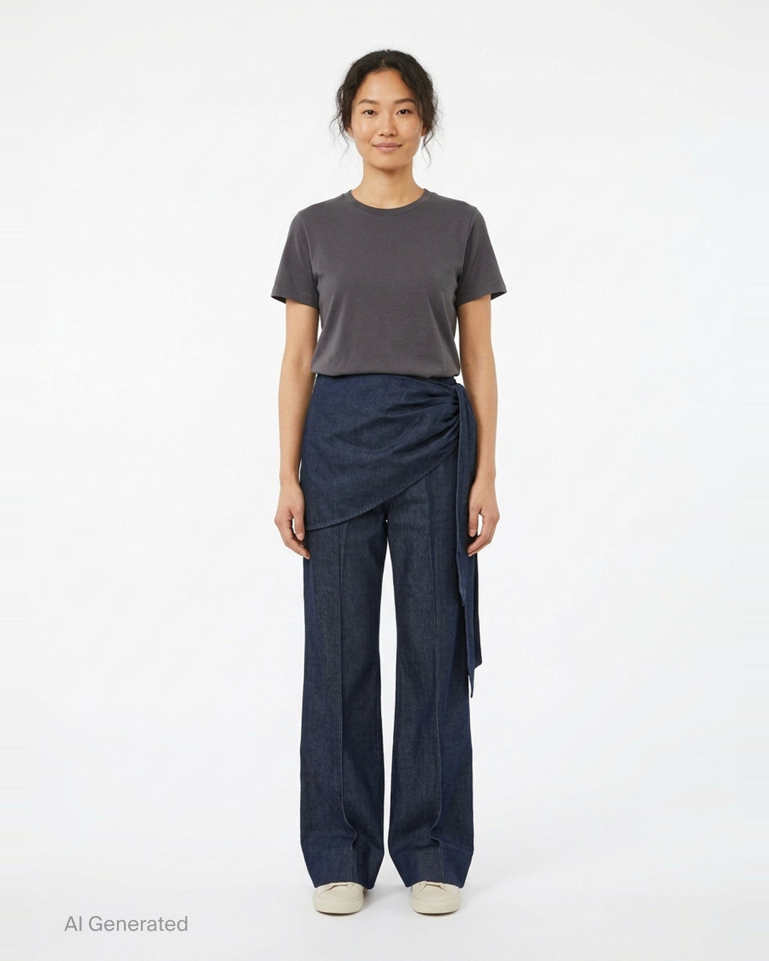 Zimmermann Draped Denim Flare Jeans in dark indigo, featuring a wide-leg silhouette with a wrap-style skirt overlay and self-tie gather detail at the hip - front