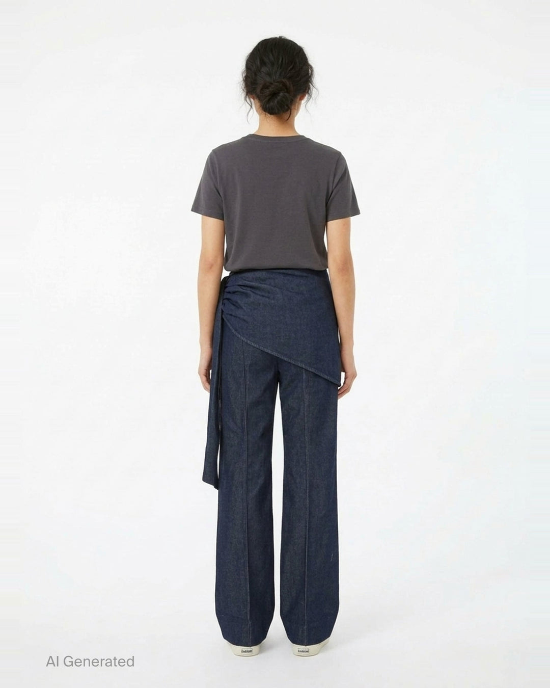 Zimmermann Draped Denim Flare Jeans in dark indigo, featuring a wide-leg silhouette with a wrap-style skirt overlay and self-tie gather detail at the hip - back