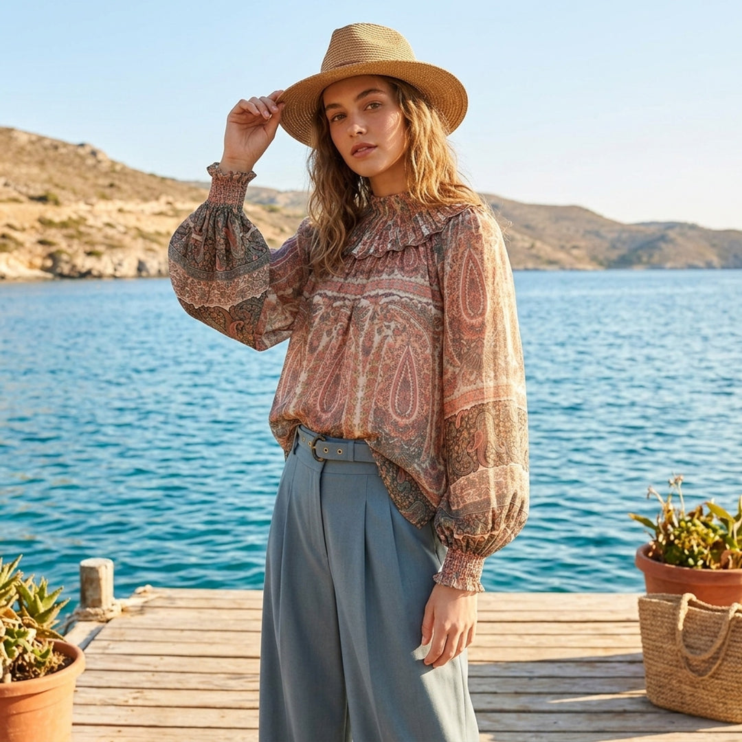 Zimmermann Momentum Rouleau Billow Top in vintage-inspired paisley print with smocked ruffle high neck, voluminous long sleeves and scalloped cuff detailing - lifestyle