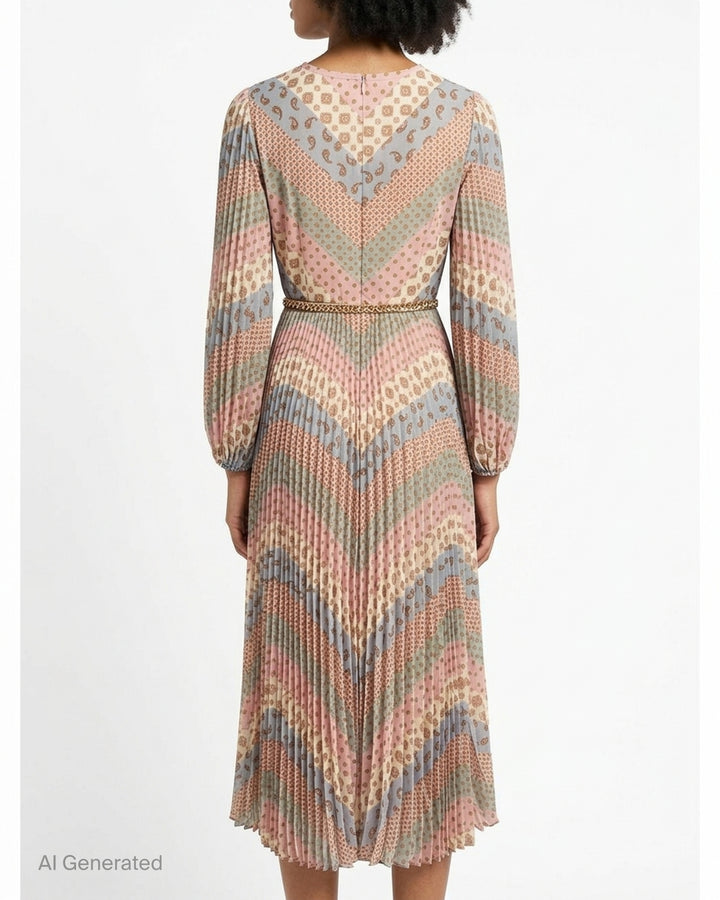 Zimmermann Sunray long sleeve pleated midi dress in a pastel chevron paisley and medallion print with blouson sleeves and gold chain belt - back