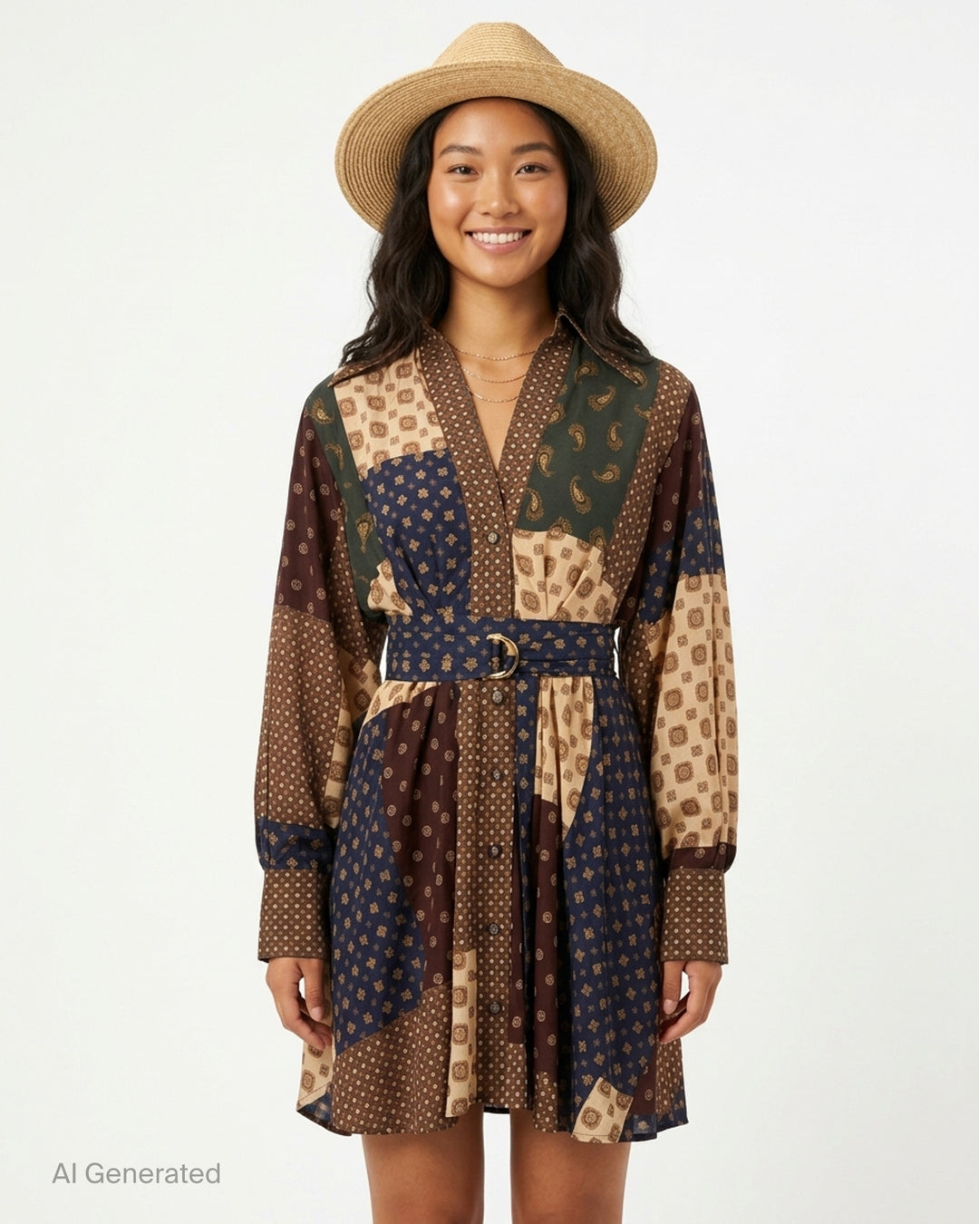 Zimmermann Tuck Mini Dress in brown, navy, cream and olive patchwork print with paisley and medallion motifs, V-neck collar, button front, long sleeves and belted waist - front