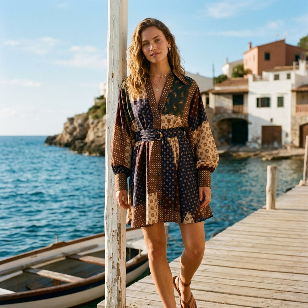 Zimmermann Tuck Mini Dress in brown, navy, cream and olive patchwork print with paisley and medallion motifs, V-neck collar, button front, long sleeves and belted waist - lifestyle