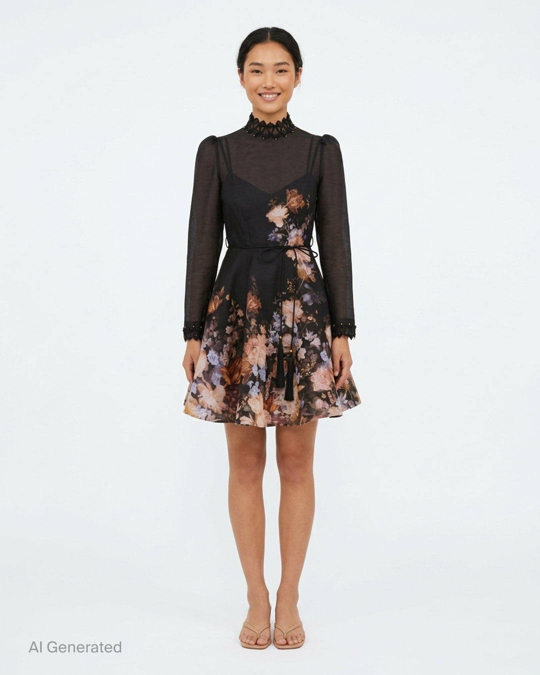 Zimmermann Valiant Embellish Mini Dress in black with sheer long sleeves, floral print skirt, beaded lace collar and tasselled waist tie - front
