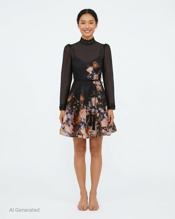 Zimmermann Valiant Embellish Mini Dress in black with sheer long sleeves, floral print skirt, beaded lace collar and tasselled waist tie - front