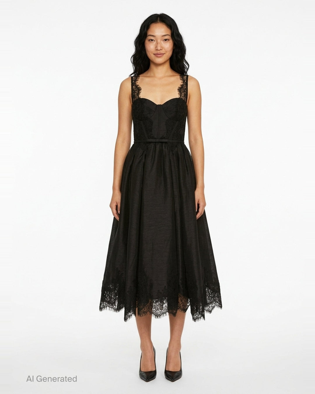 Zimmermann Valiant Lace Trim Midi Dress in black, featuring a structured corset bodice with lace overlay, wide lace straps, voluminous semi-sheer organza skirt, ribbon waist tie, and deep scalloped lace hem border - front