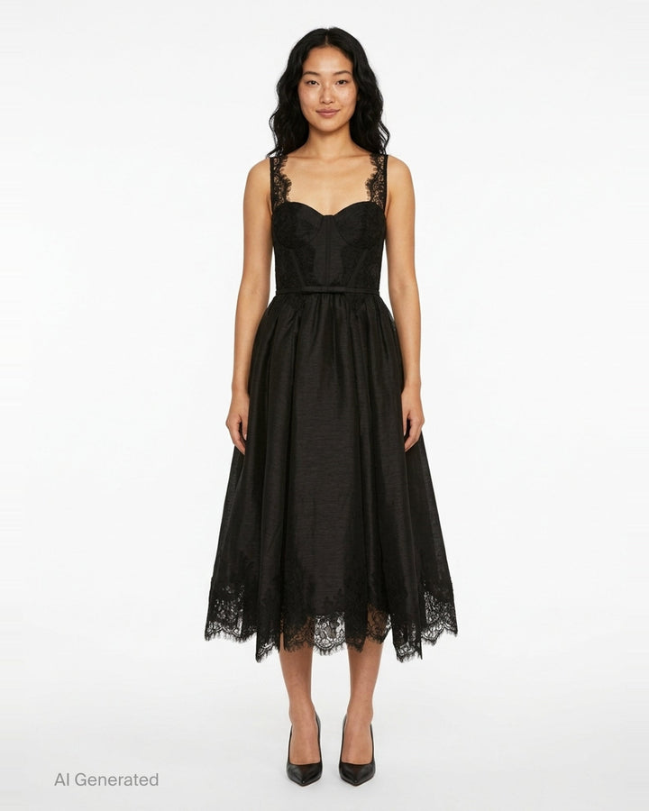 Zimmermann Valiant Lace Trim Midi Dress in black, featuring a structured corset bodice with lace overlay, wide lace straps, voluminous semi-sheer organza skirt, ribbon waist tie, and deep scalloped lace hem border - front