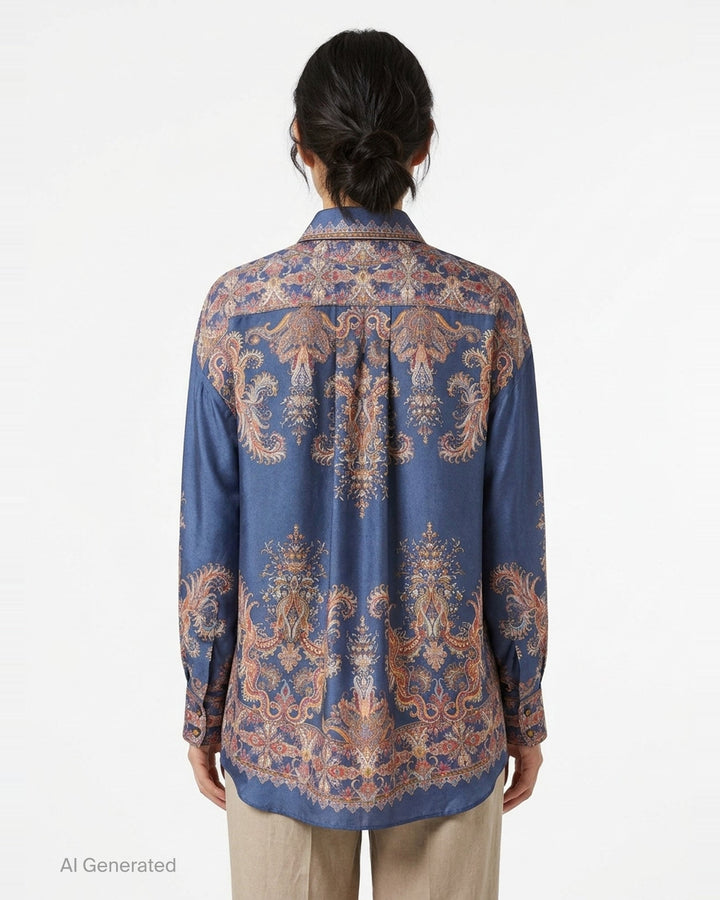 Zimmermann Valiant Relaxed Shirt in indigo blue with ornate paisley and medallion print, featuring a pussy-bow tie, navy tassel, and long buttoned sleeves - back