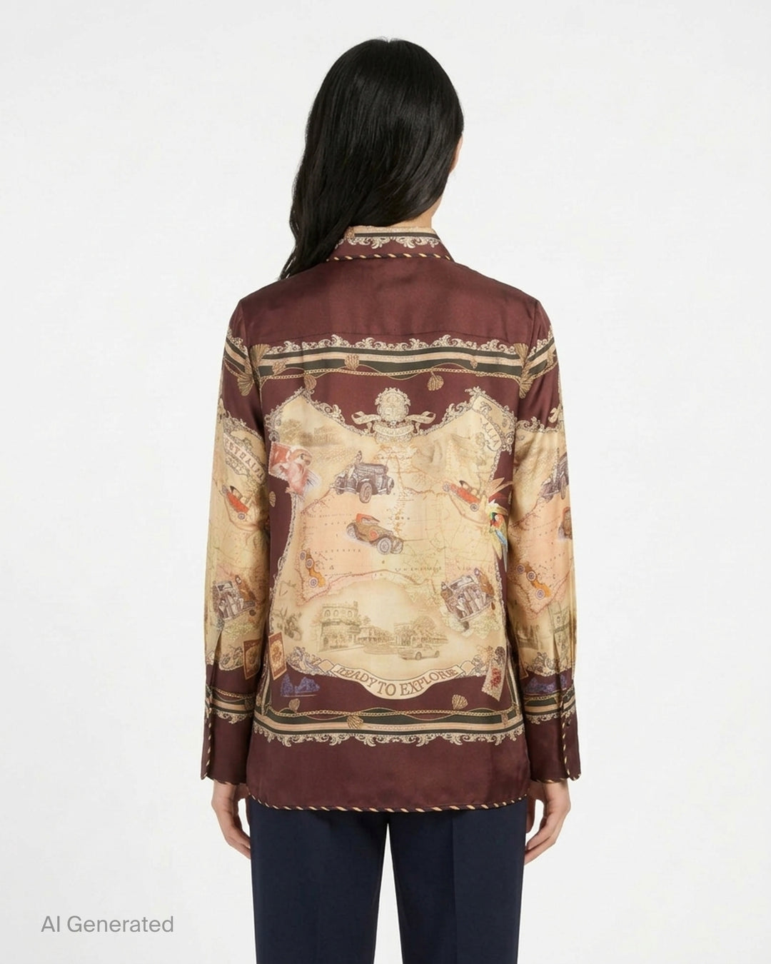 Zimmermann Valiant Twill Shirt in burgundy with a vintage Map of Australia scarf print, baroque borders and tassel details - back