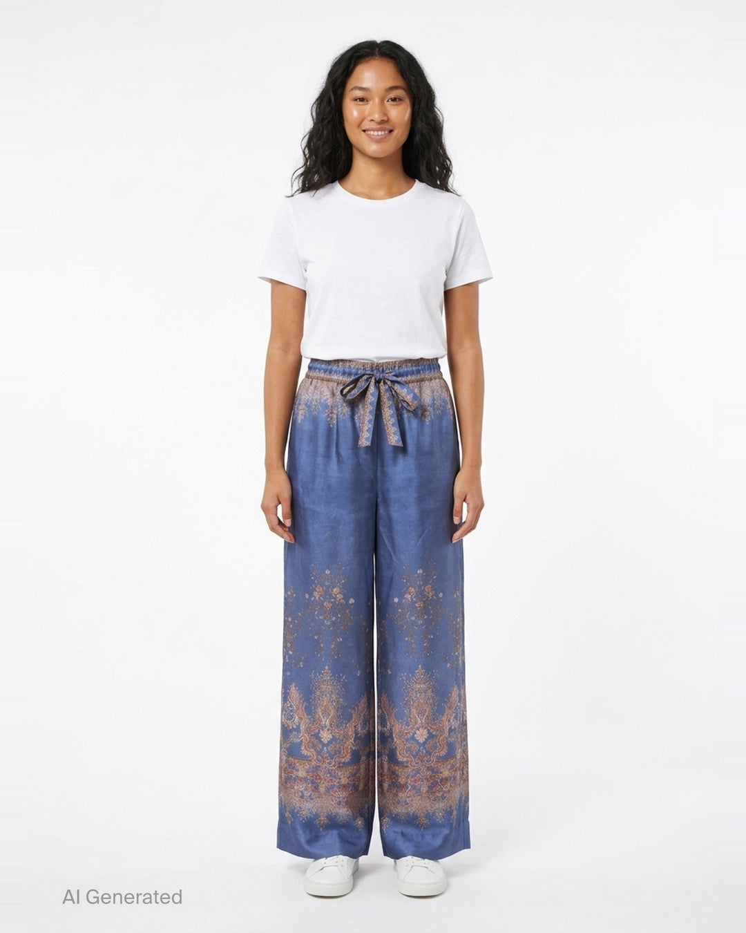 Zimmermann Valiant wide-leg pants in blue with ornate paisley and floral border print, elasticated drawstring waistband and decorative woven trim - front