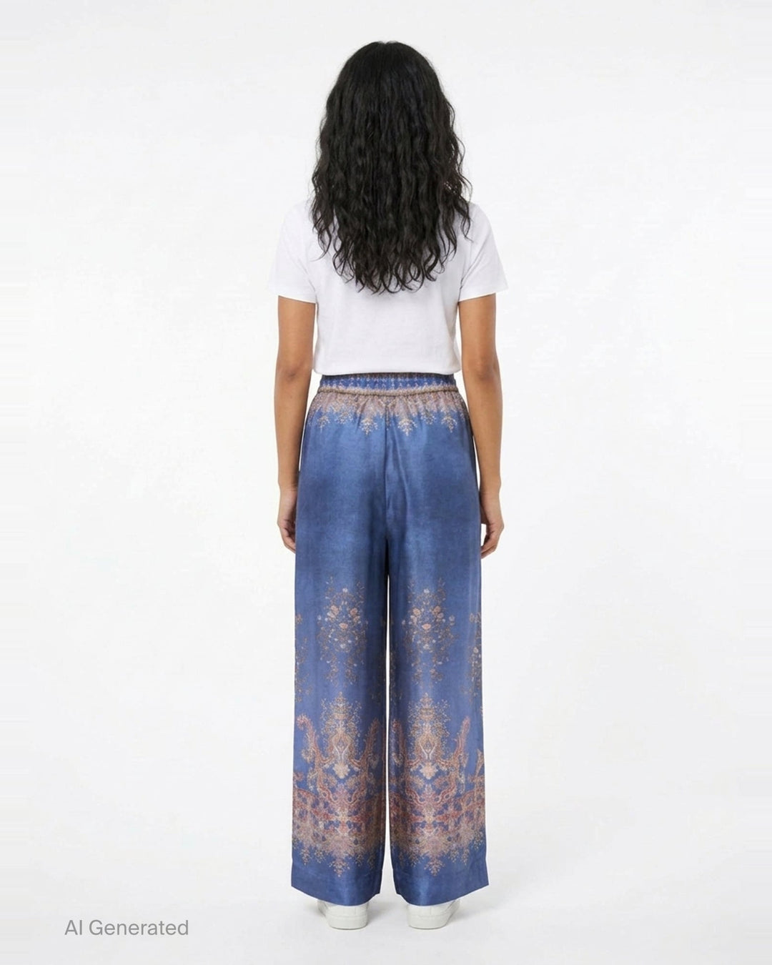 Zimmermann Valiant wide-leg pants in blue with ornate paisley and floral border print, elasticated drawstring waistband and decorative woven trim - back