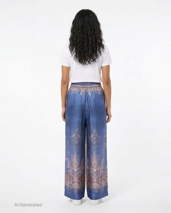 Zimmermann Valiant wide-leg pants in blue with ornate paisley and floral border print, elasticated drawstring waistband and decorative woven trim - back