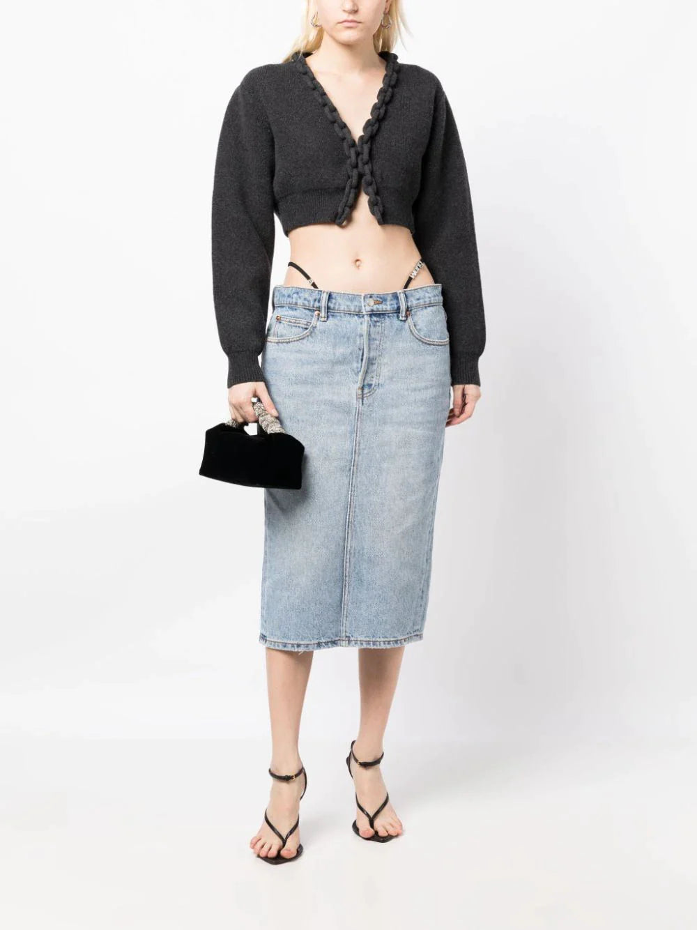 Diamante Thong Midi Skirt In Denim