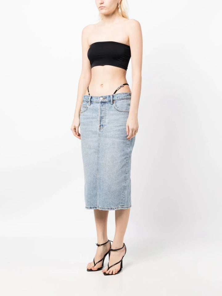 Diamante Thong Midi Skirt In Denim