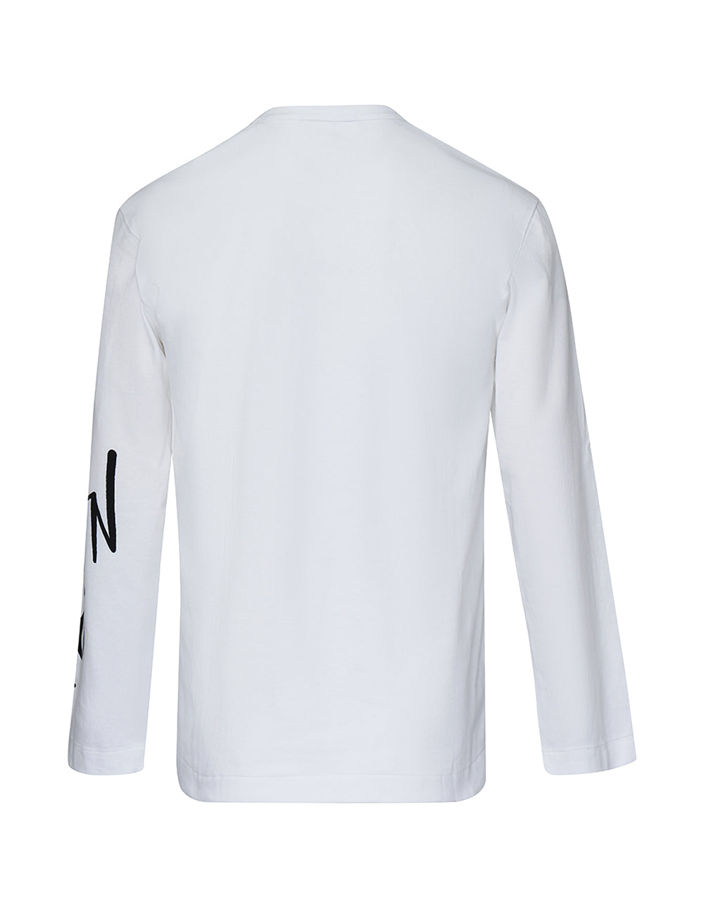 Comme des Garçons white long sleeve T-shirt with bold black hand-written script graphic print down the sleeve, crew neck, size M
