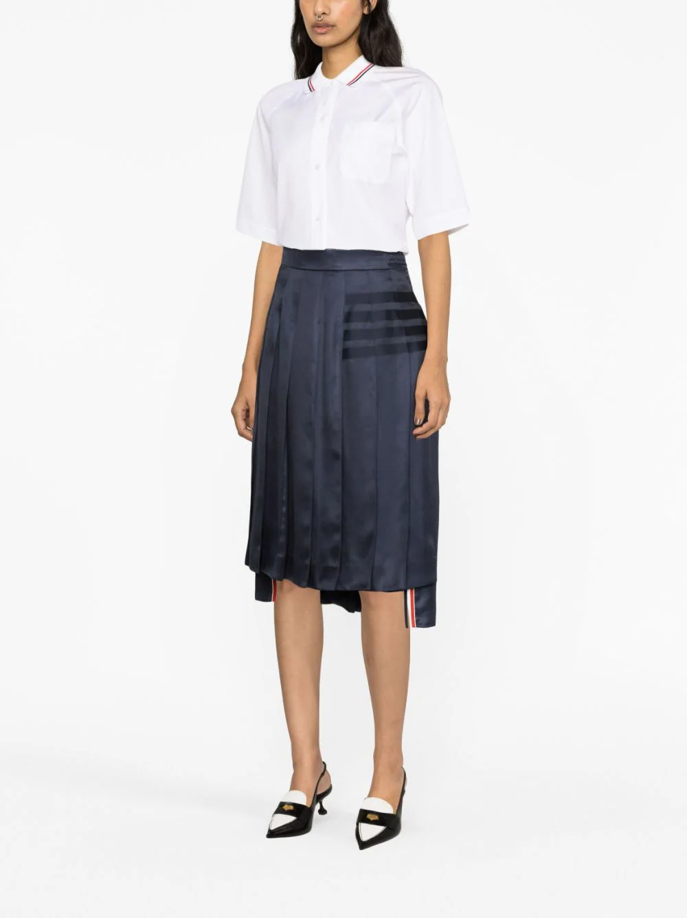 Silk Twill 4-Bar Midi Pleated Skirt