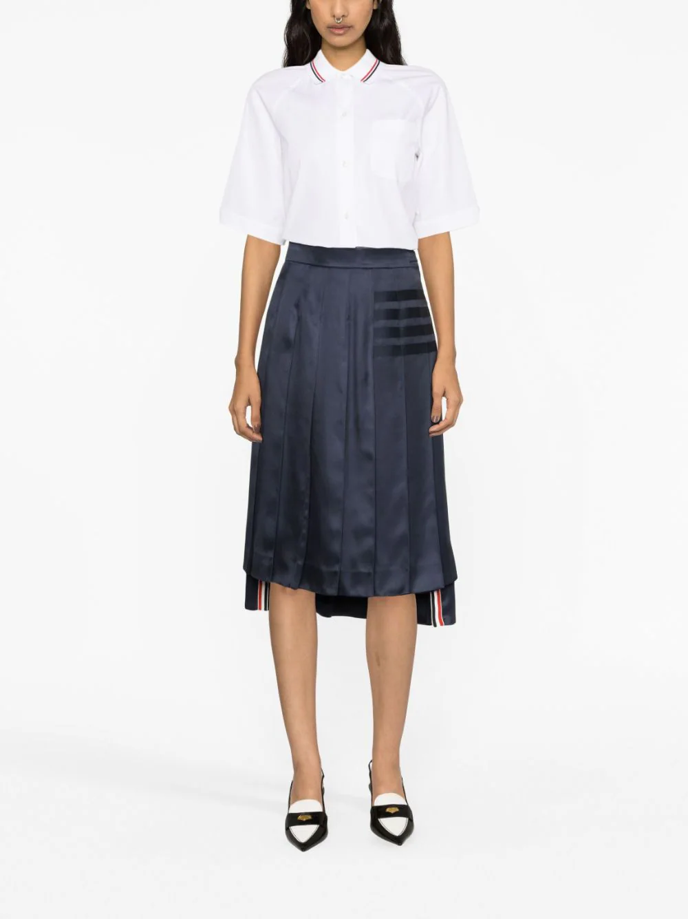 Silk Twill 4-Bar Midi Pleated Skirt