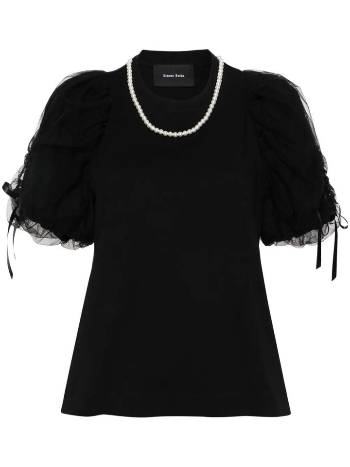 Beaded Tulle Overlay Puff Sleeve Tee