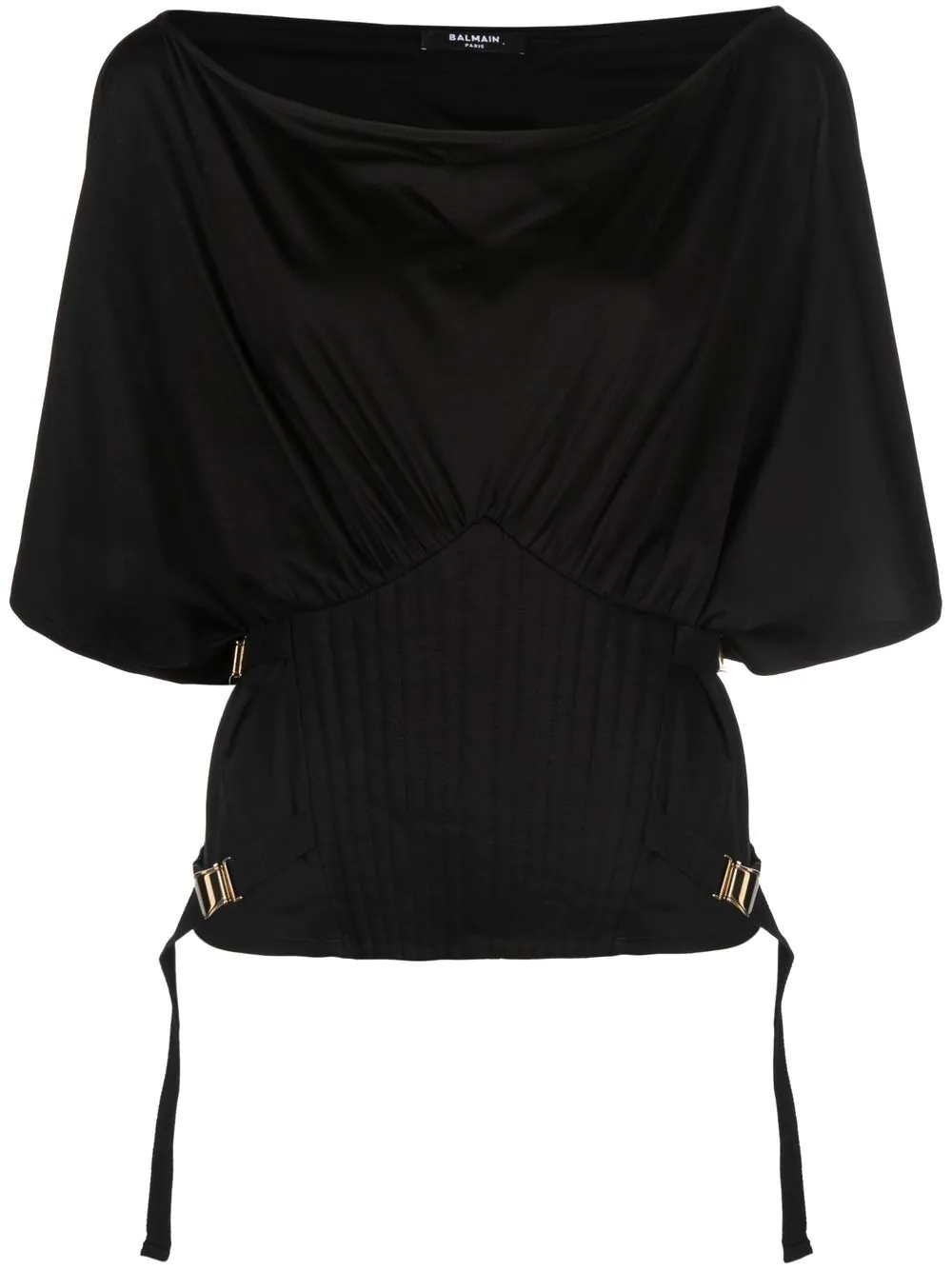 Balmain Asymetric Corset Jersey T-Shirt Black 1