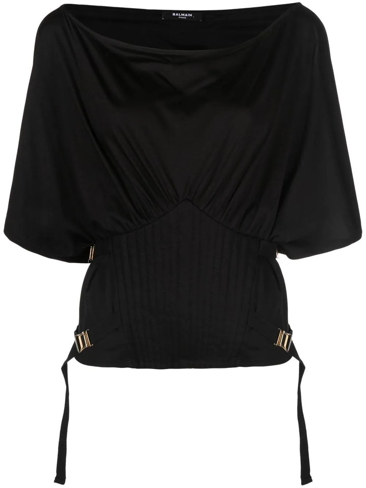 Balmain Asymetric Corset Jersey T-Shirt Black 1
