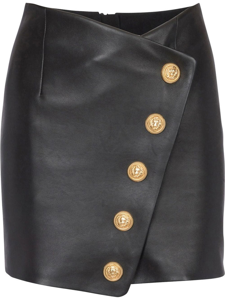 Balmain Button Detail Leather Wrapped Short Skirt Black 1